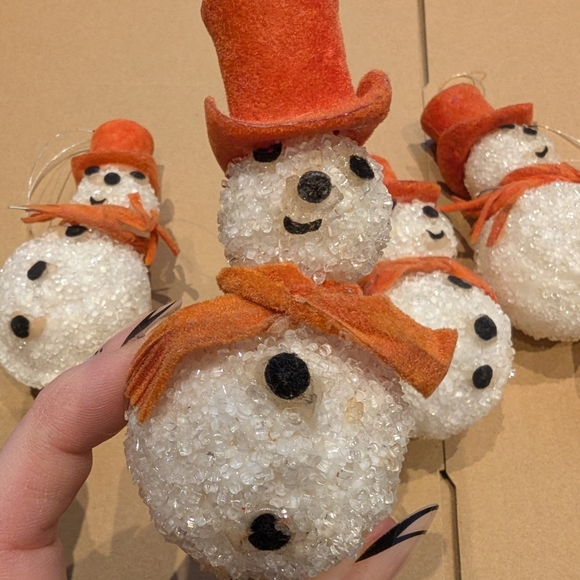 Vintage Handmade Christmas Festive Snowman Ornaments with Orange Hats - Picture 5 of 8